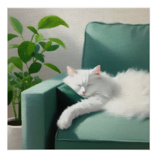 Poster Peinture de chat dormant sur un canapé vert