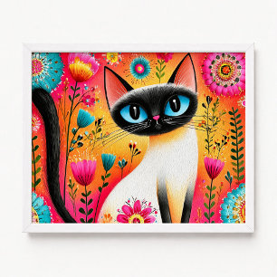 Poster Peinture de chat siamois rose et orange florale