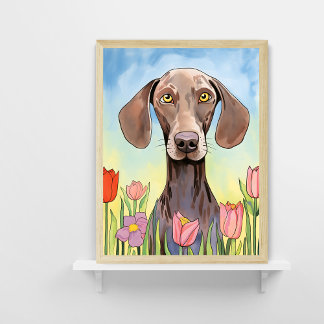 Poster Peinture de Chien Weimaraner avec Tulipes