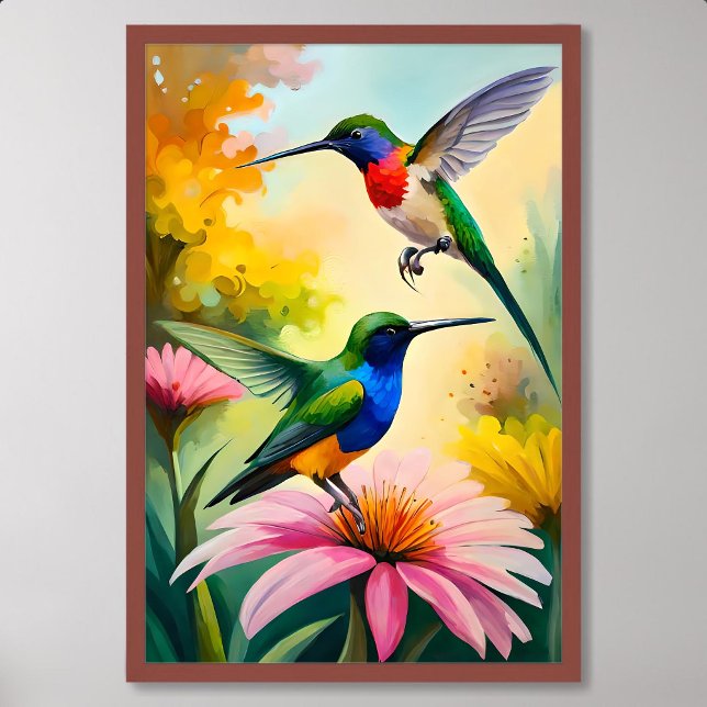 Poster Peinture de colibri : Couple Dancing Parmi Les Fle (Hummingbird Painting: Couple Dancing Among Flowers)