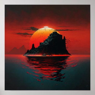 Poster Peinture de coucher de soleil sur une île mignonne