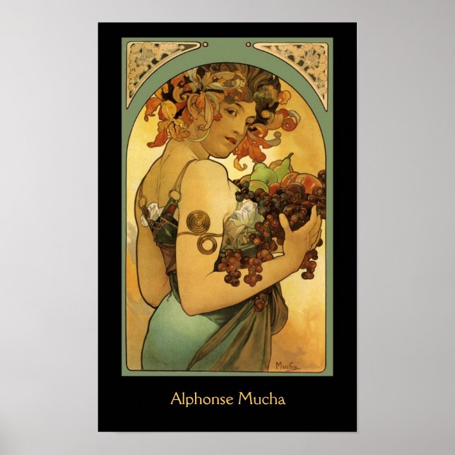 Poster Peinture de fruits Alphonse Mucha sur noir (Devant)