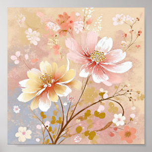 Poster Peinture de jolies fleurs roses et jaunes