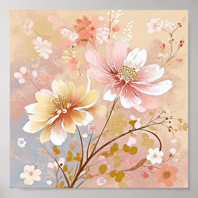 Poster Peinture de jolies fleurs roses et jaunes (Devant)