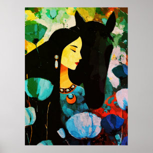 Poster Peinture de la Femme Turquoise et du Cheval