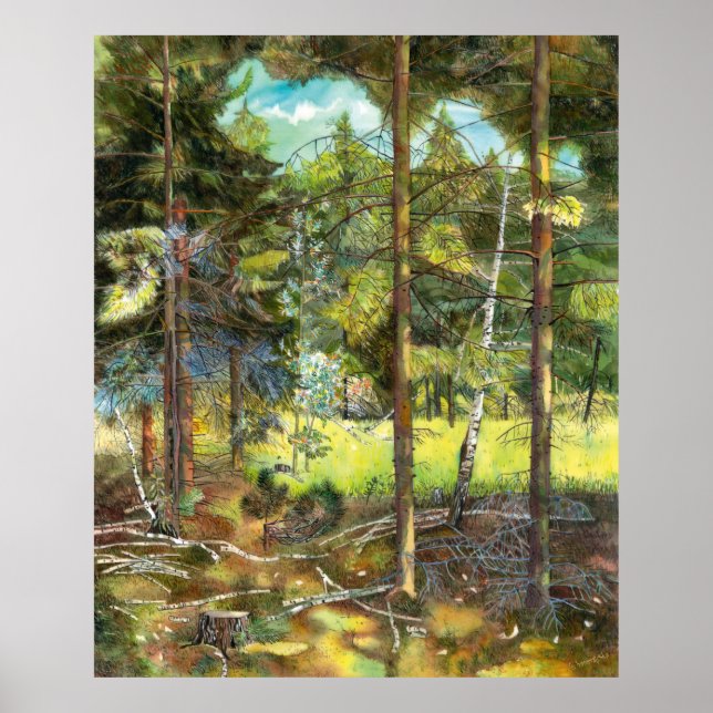 Poster Peinture de la forêt de pin aquarelle (Devant)