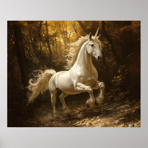 Poster Peinture de licorne courant à travers la forêt