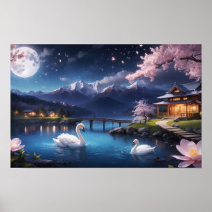 Poster Peinture de merveilleuse nuit Japon arbre Sakura
