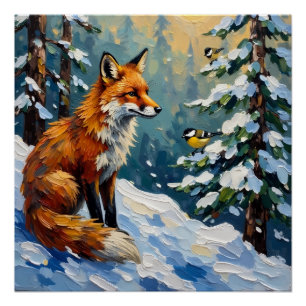 Poster Peinture de Noël Renard Rouge et Mésanges Vintage