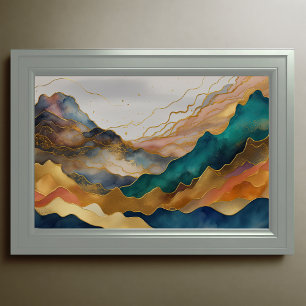 Poster Peinture de paysage abstrait aquarelle or 3:2