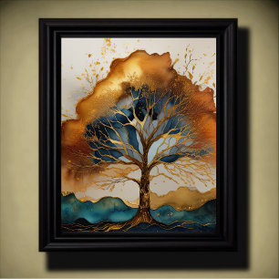 Poster Peinture de paysage abstrait or rouille bleu