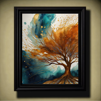 Poster Peinture de paysage abstrait or rouille bleu