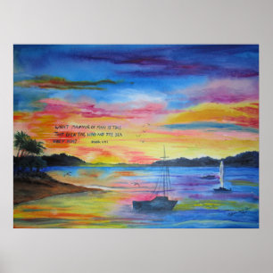 Poster Peinture de paysage marin acrylique avec écriture