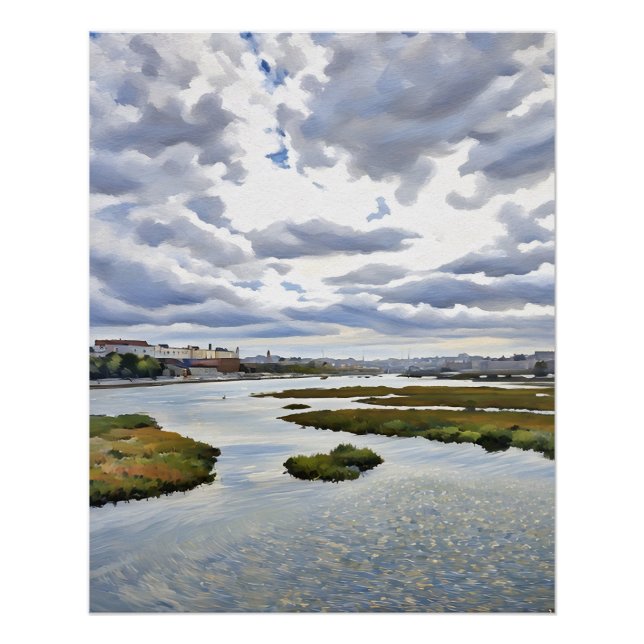 Poster Peinture de paysage sereine avec ciel dramatique (Devant)