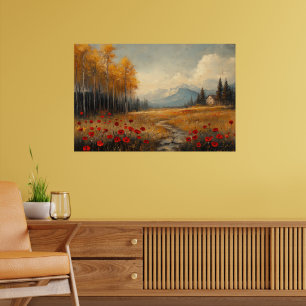 Poster Peinture de Prairie Automnale Vintage avec Coqueli
