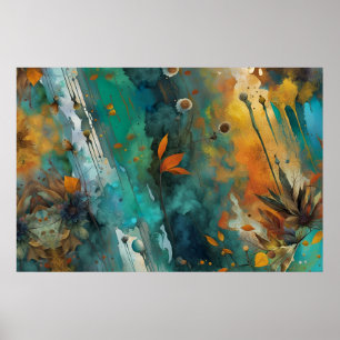 Poster Peinture de récolte d'automne Turquoise Rouille Or