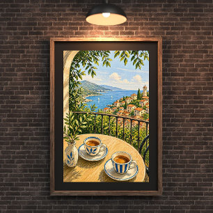 Poster Peinture de scène de café sur un balcon méditerran