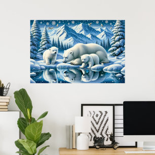 Poster Peinture de scène enneigée de famille d'ours polai