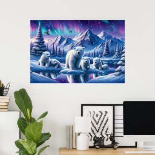 Poster Peinture de scène enneigée de famille d'ours polai