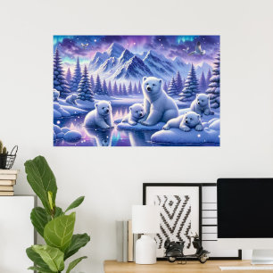 Poster Peinture de scène enneigée de famille d'ours polai