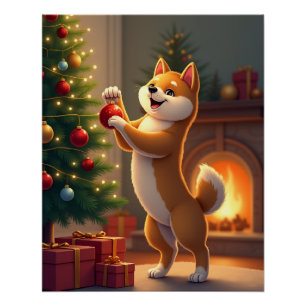 Poster Peinture de Shiba Inu décorant l'arbre de Noël