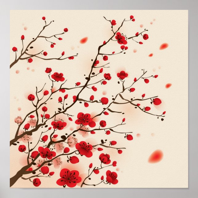 Poster Peinture de style oriental, fleur de prune au prin (Devant)