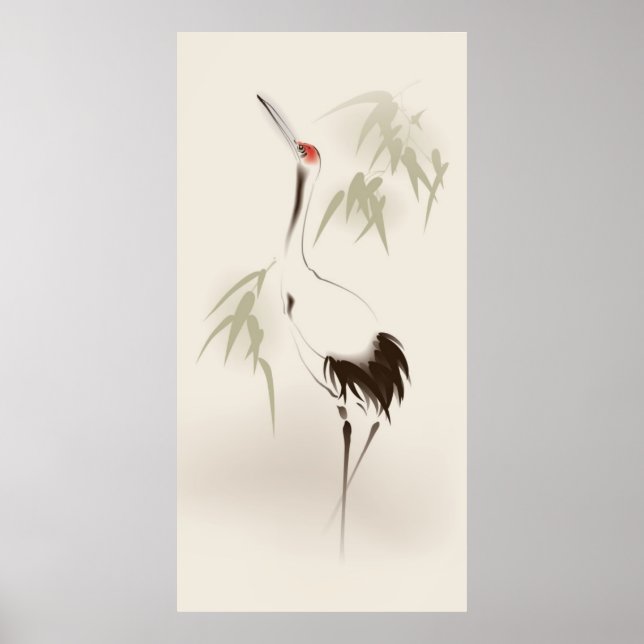 Poster Peinture de style oriental, Grue couronnée rouge (Devant)