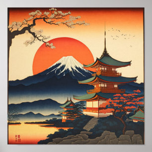 Poster Peinture de style Ukiyo-e d'un château japonais