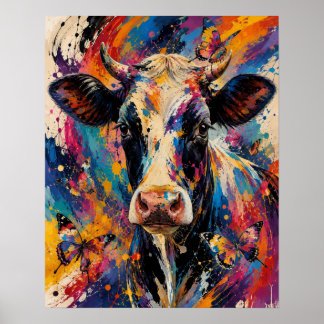 Poster Peinture de vache abstraite colorée avec des papil