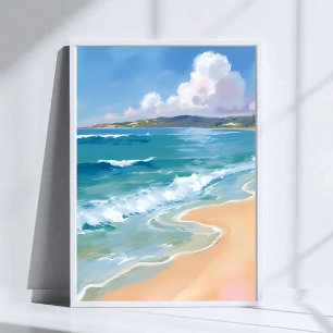 Poster Peinture de vagues d'aquarelle d'eau de mer bleue 