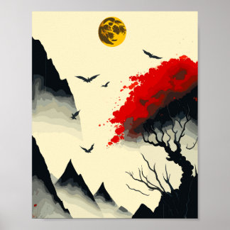 Poster Peinture d'encre chinoise antique : Lune d'or et r
