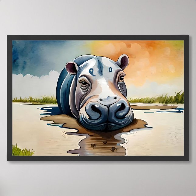 Poster peinture d'hippopotame trempant dans la boue pares (painting of hippopotamus soaking in the mud lazily)