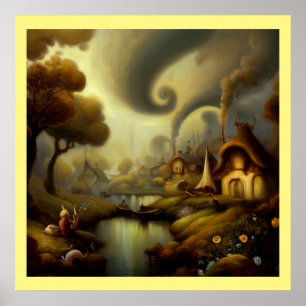 Poster Peinture d'Imaginaire 5 - Paysage du village