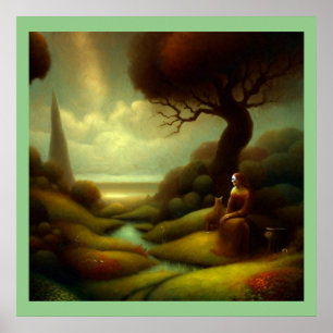 Poster Peinture d'Imaginaire 7 - Femme et chat