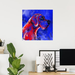Poster Peinture Dogue Allemand rouge bleu