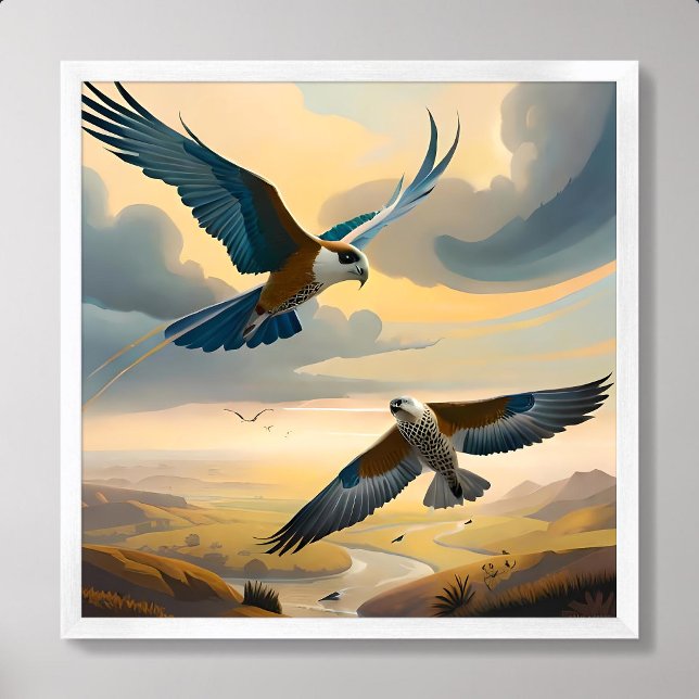Poster peinture d'oiseau couple ciel nuages (bird painting couple flying sky cloud afternoon)