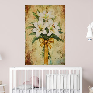 Poster Peinture d'un bouquet de lys blancs avec un ruban