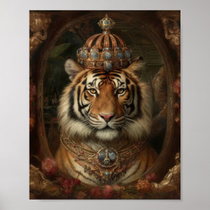 Poster Peinture d'un tigre avec couronne et fleurs