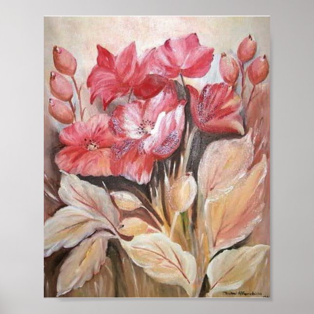 Poster Peinture d'une fleur aux pavots rose foncé (Devant)