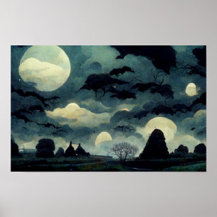 Poster Peinture éffrayante du paysage d'Halloween