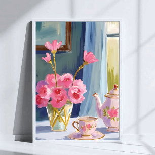 Poster Peinture Fleur Rose Théière Florale