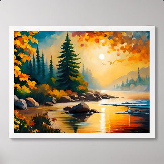 Poster peinture fluviale pinède rocheuse automne après-mi