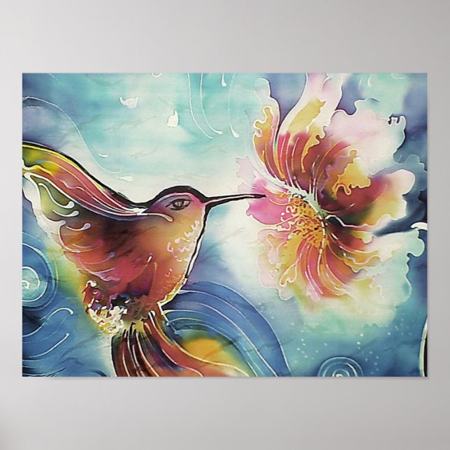 Poster Peinture HummingOiseau et Flower Silk Art (Devant)