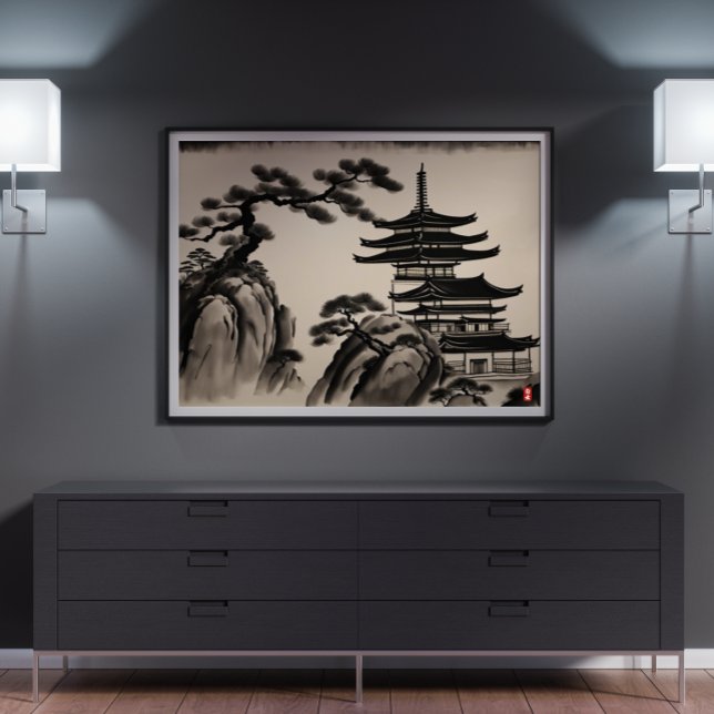 Poster Peinture japonaise à l'encre paysage (Japanese Landscape Ink Painting Poster)