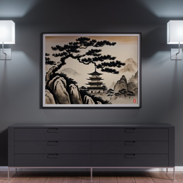 Poster Peinture japonaise à l'encre paysage (Japanese Landscape Ink Painting Poster)
