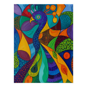 Poster Peinture mosaïque abstraite et vibrante de paon