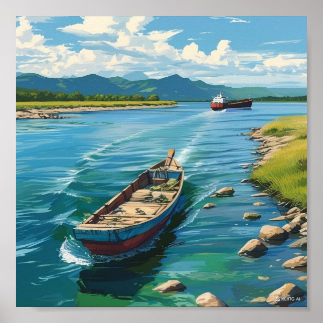 Poster Peinture murale d'un bateau dans la mer et d'un ba (Devant)