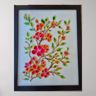 Poster Peinture murale en verre floral orange rouge