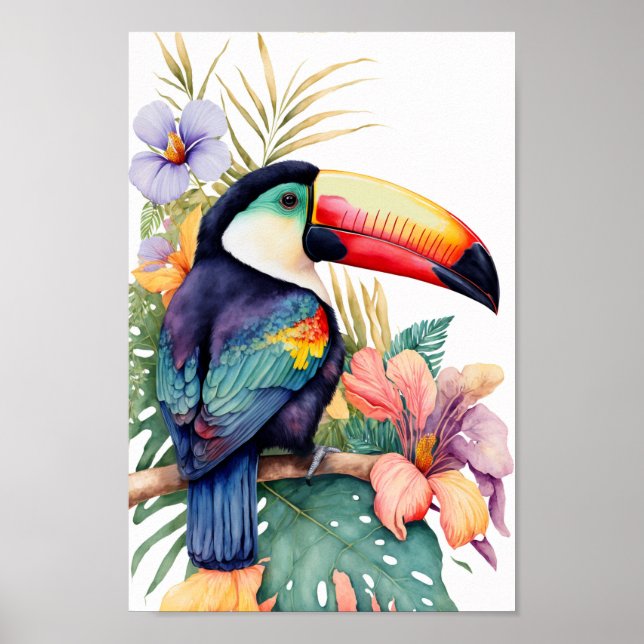 Poster Peinture murale toucan avec imprimés de fleurs tro (Devant)