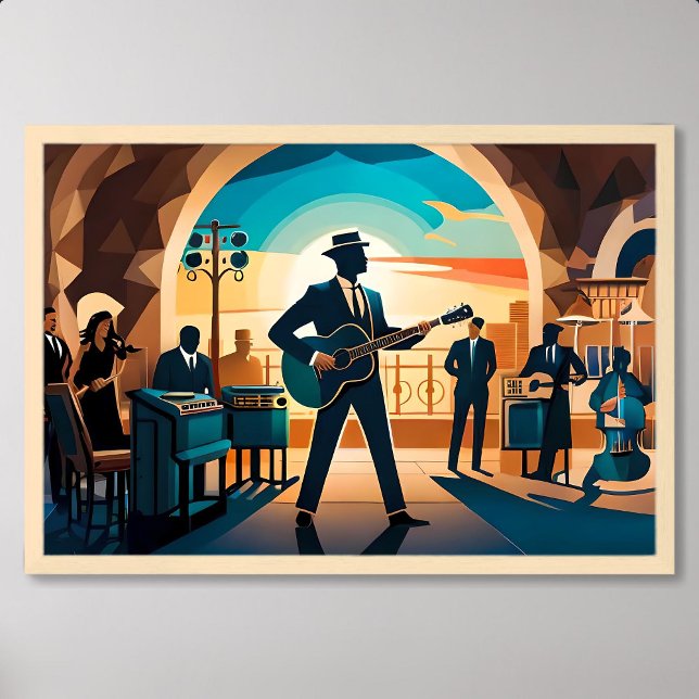 Poster peinture musique jazz performance dans un café de  (painting jazz song performance in retro style cafe)